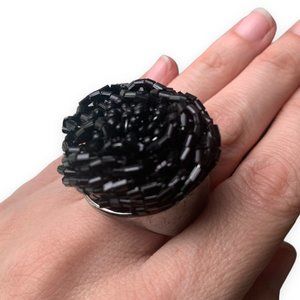 Statement Black Beaded Flower Fashion Ring | Sz 6.5